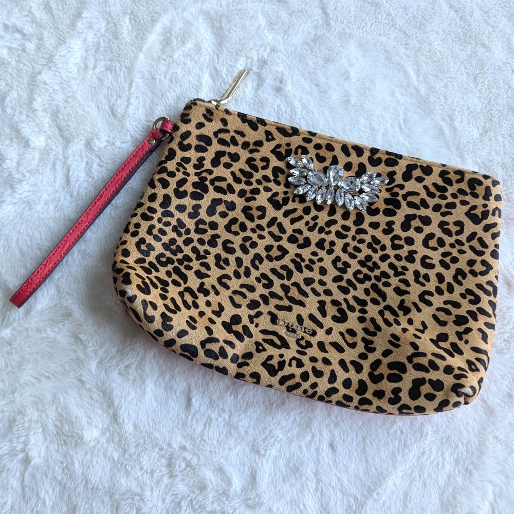 Dune London Leopard Print Calf Hair Crystal Wristlet Clutch Bag Red Accent